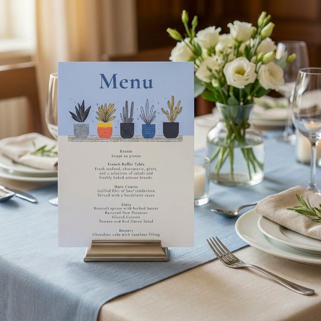 Hochzeitsmenü der Pflanze des hellen Potted House Menükarte (Bright Colorful Potted House Plants Wedding Menu)