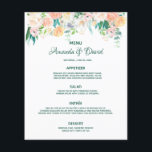 Hochzeitsmenü der Rose Florals<br><div class="desc">Eine elegante und romantische Hochzeitskarte. Rose in Aquarellfarben,  weiße Blume,  Rosa rot,  Orange mit grünem Blattwerk. Vorlagen für Ihre Namen,  Datum und Hochzeitsmenü. Vorder weißer Hintergrund,  hinten kupferfarben. Grüne Buchstaben.</div>