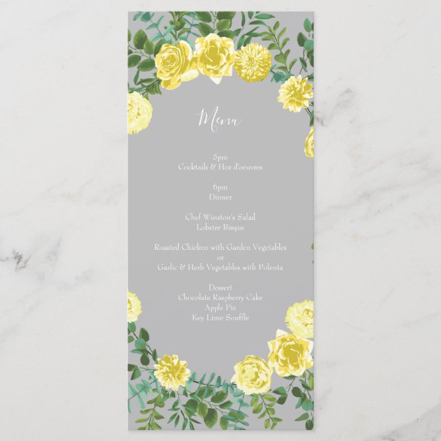 Hochzeitsmenü der Rose "Light Yellow & Gray Peony" Menükarte (Vorderseite)