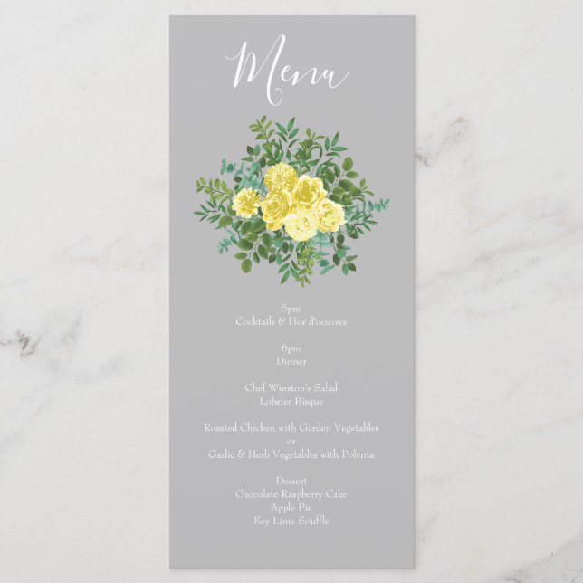 Hochzeitsmenü der Rose "Light Yellow & Gray Peony" Menükarte (Vorderseite)