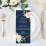 Hochzeitsmenü des Blue Gold Blush Menükarte<br><div class="desc">Schauen Sie sich Ihr köstliches Menü auf diesen schönen Karten an - perfekte Größe für jeden Teller! Dieses Design besticht durch einen hübschen Script-Schriftart und einen schönen Bouquet. Editieren Sie einfach die Essensartikel!</div>