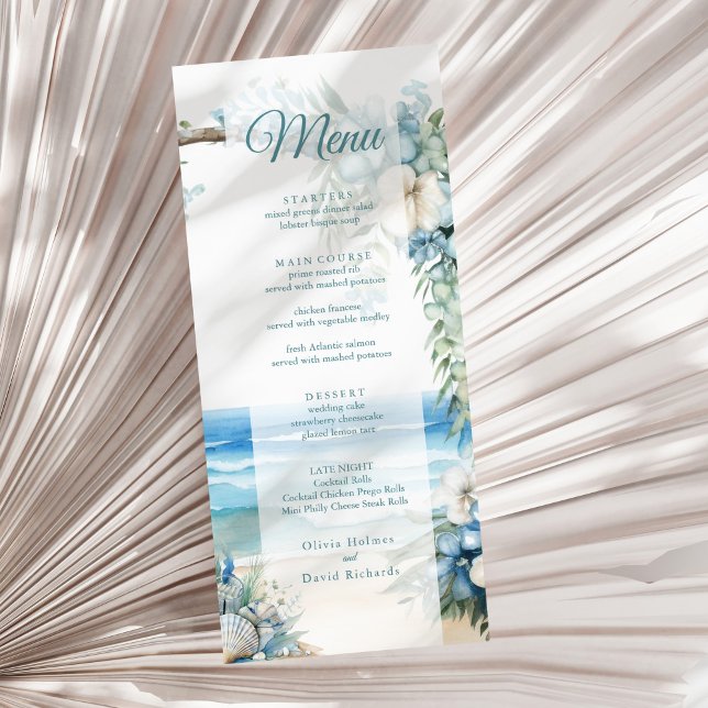 Hochzeitsmenü des Blue Tropical Arch Beach Menükarte (Watercolor Blue Tropical Arch Beach Wedding Menu on a sunny neutral dry palm leaf.)