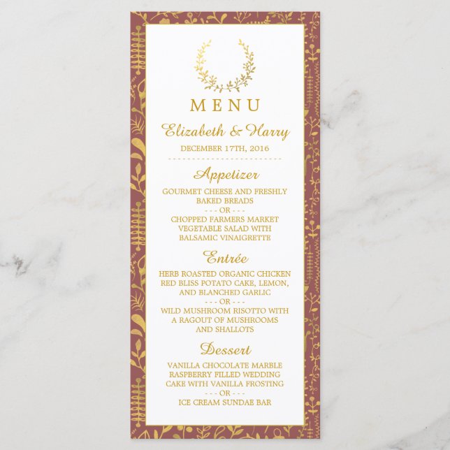 Hochzeitsmenü des eleganten Goldflorenkreises Menükarte (Vorderseite)