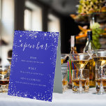Hochzeitsmenü des Royal Blue Glitzer Bar Tischaufsteller<br><div class="desc">Ein königlich blauer Hintergrund. Dekoriert mit Imitaten silbernen Glitzer,  Glitzern. Mit dem Text: Bar öffnen. Personalisieren Sie Ihr Menü und fügen Sie Ihr Bar hinzu. Weißer Text.</div>