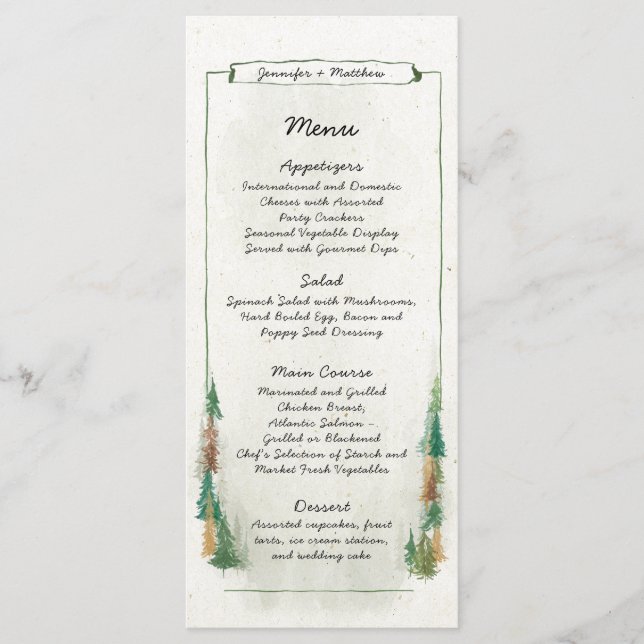 Hochzeitsmenü des Rustikalen Pinienwaldes Menükarte (Vorderseite)
