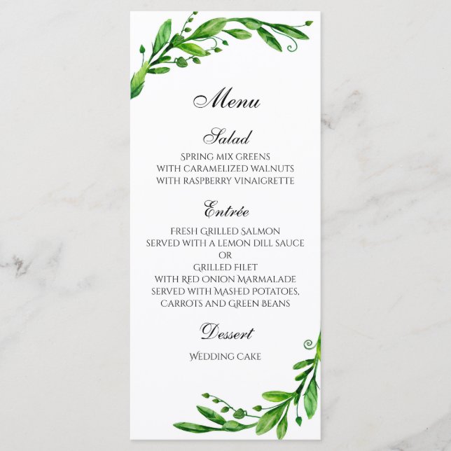 Hochzeitsmenü draußen. Speisekarte "Green Dinner" Menükarte (Vorderseite)