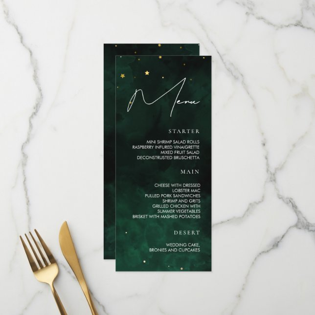 Hochzeitsmenü Dunkelgrünes, magisches Gold Menükarte (Vorderseite/Rückseite Beispiel)