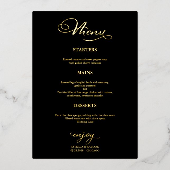 Hochzeitsmenü Einfache Elegante Schwarzes Gold Folieneinladung (Vorderseite)