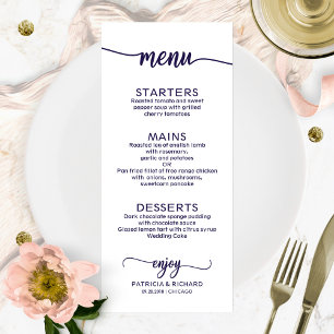 Hochzeitsmenü Elegante Kalligrafie Chic Navy Blue Menükarte