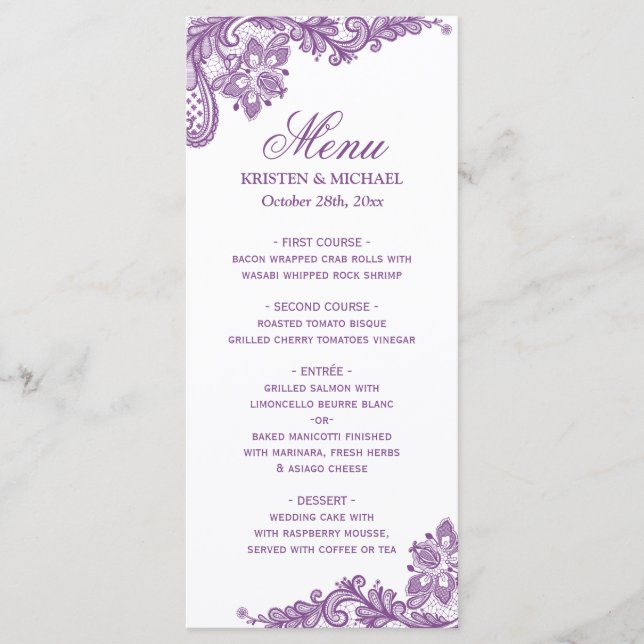 Hochzeitsmenü Eleganter Lavendel Lila Spitzenmuste Menükarte (Vorderseite)
