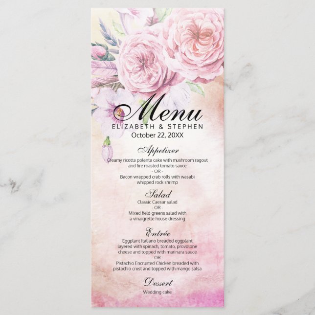 Hochzeitsmenü Elegantes Wasserfarbenflorale Federn Menükarte (Vorderseite)