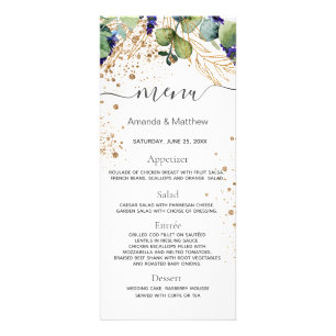 Hochzeitsmenü Eukalyptus Grün Gold Glitter Werbekarte