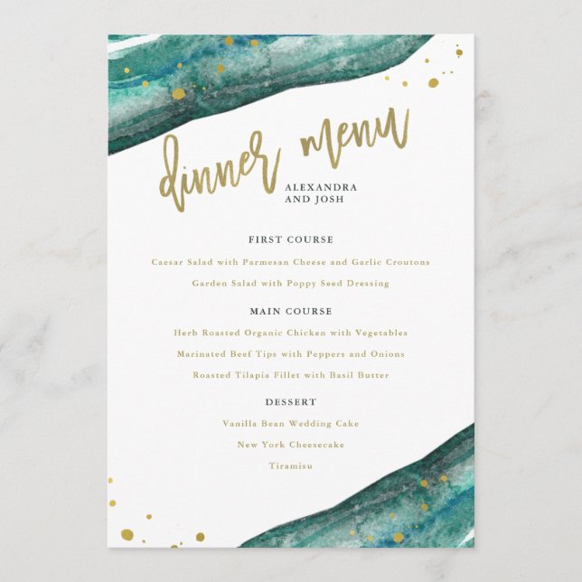 Hochzeitsmenü für Aquamarine Wasserfarben und Gold Menükarte (Vorderseite)