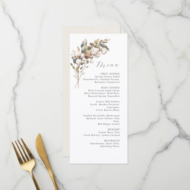 Hochzeitsmenü für Baumwolle und Eukalyptus Menükarte (Vorderseite/Rückseite Beispiel)