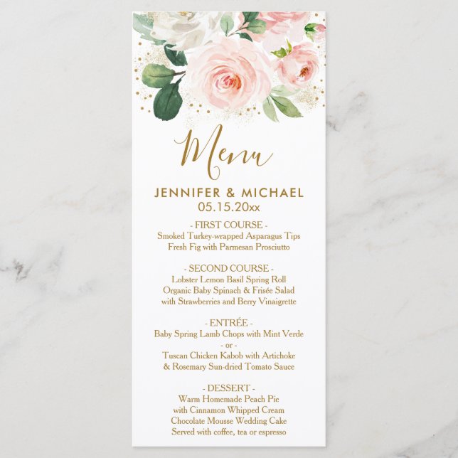 Hochzeitsmenü für Blütenflora und Gold Menükarte (Vorderseite)