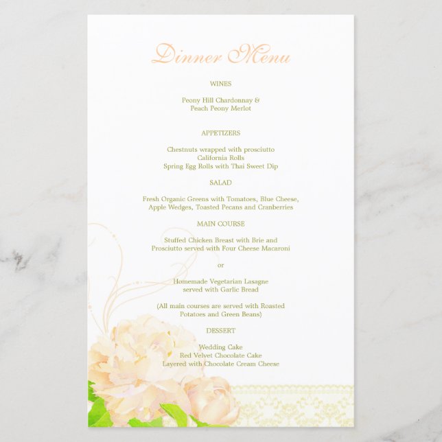 Hochzeitsmenü für das Spring Peach Peony (Vorderseite)