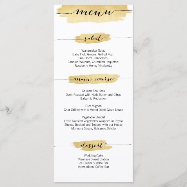 Hochzeitsmenü für Gold Brushstrikes Menükarte (Vorderseite)