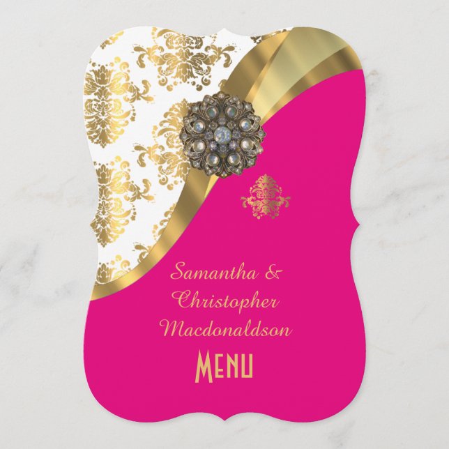 Hochzeitsmenü für Gold, Rosa und Weiß Menükarte (Vorderseite)