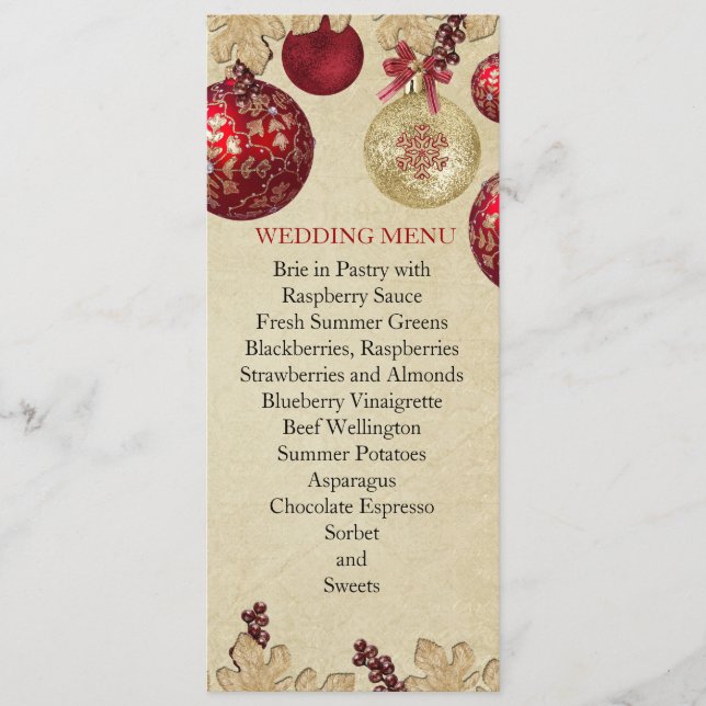Hochzeitsmenü für Hochzeiten im Gold/Roten Winter Menükarte (Vorderseite)