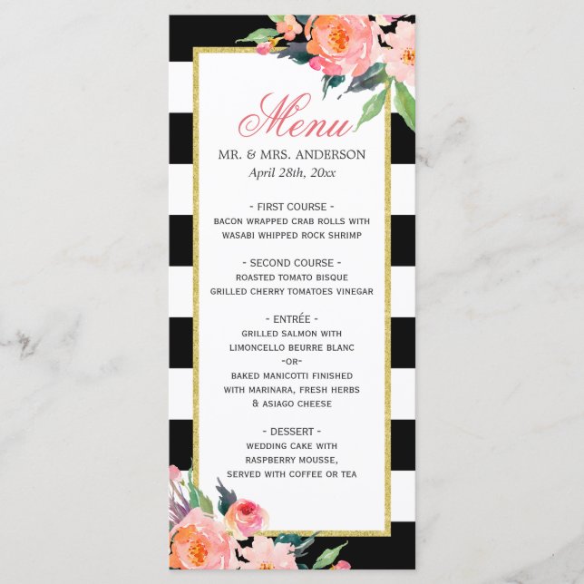 Hochzeitsmenü für Hochzeitsmahlzeiten auf der Wass Menükarte (Vorderseite)