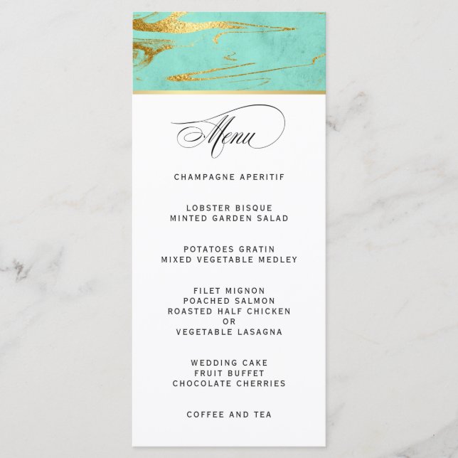 Hochzeitsmenü für Minze und Gold-Marmor Menükarte (Vorderseite)