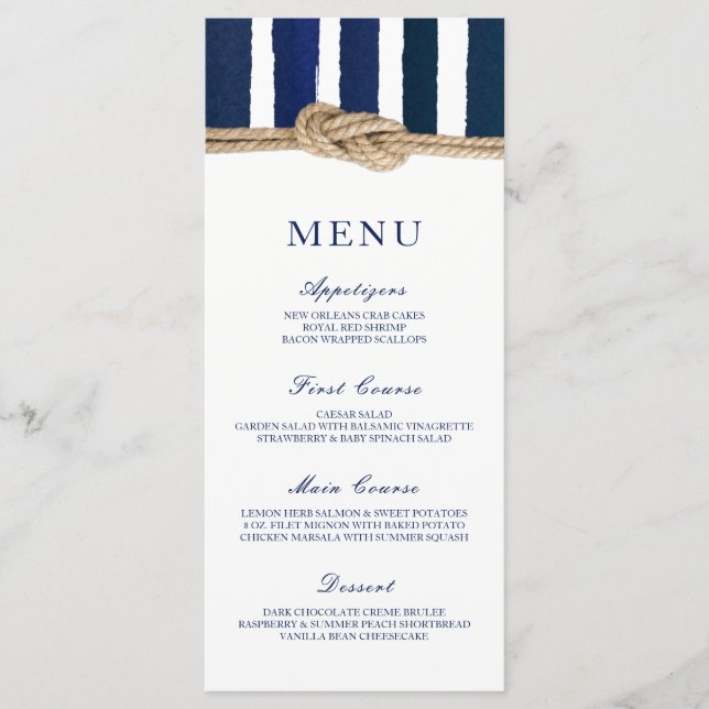 Hochzeitsmenü für Nautic Knot Navy-Streifen Menükarte (Vorderseite)