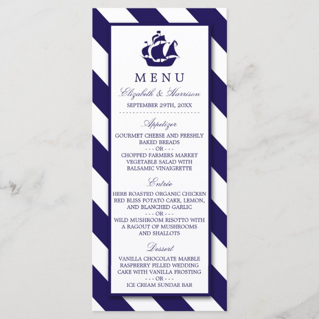 Hochzeitsmenü für Nautische Streifen und Navy Blue Menükarte (Vorderseite)