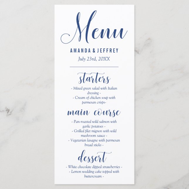 Hochzeitsmenü für Navy Blue Calligraphy Menükarte (Vorderseite)