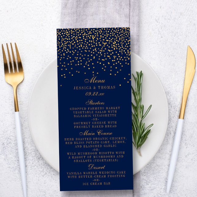 Hochzeitsmenü für Navy Blue & Glam Gold Confetti Menükarte (Von Creator hochgeladen)