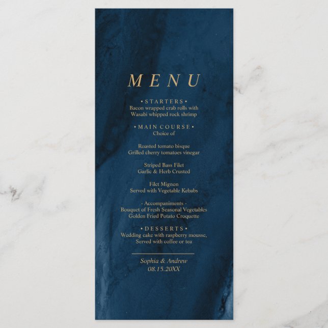 Hochzeitsmenü für Navy Blue & Gold Calligraphy Menükarte (Vorderseite)