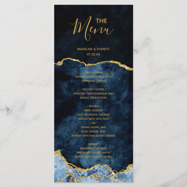 Hochzeitsmenü für Navy Blue Gold Foil Agate Marble Menükarte (Vorderseite)