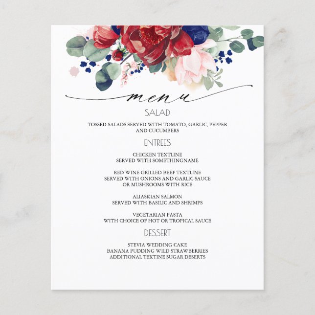 Hochzeitsmenü für Navy Blue und Burgund Red Floral Flyer (Vorne)