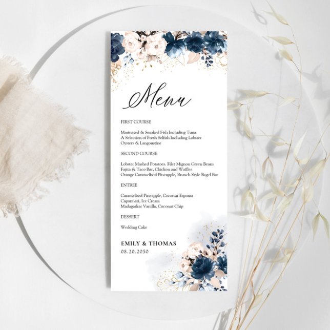 Hochzeitsmenü für Navy Blue und Dusty Rose Menükarte (Von Creator hochgeladen)