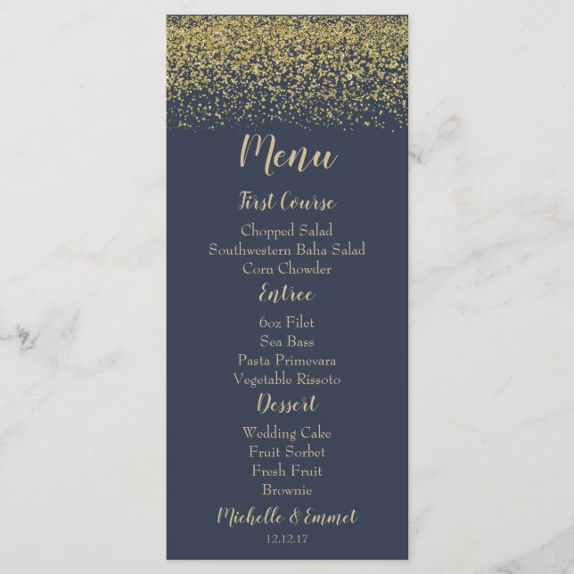 Hochzeitsmenü für Navy Blue und Gold Diamond Menükarte (Vorderseite)