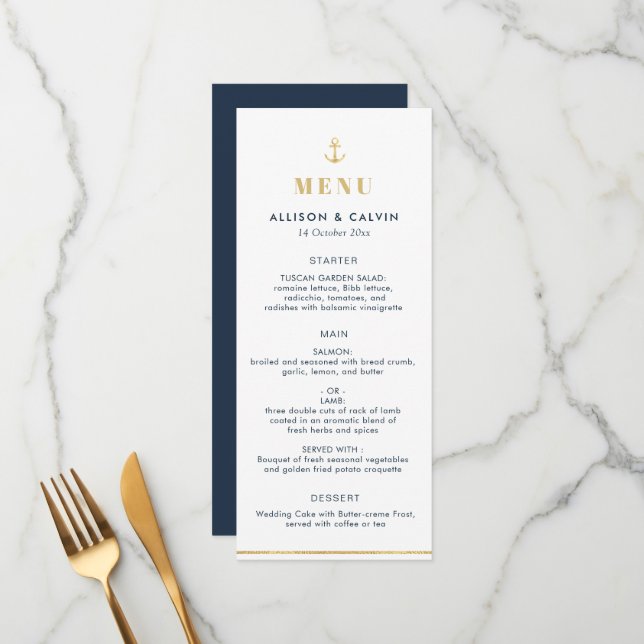 Hochzeitsmenü für Navy Menükarte (Vorderseite/Rückseite Beispiel)