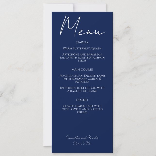 Hochzeitsmenü für Navy Minimalistische Kalligrafie Einladung (Vorderseite)