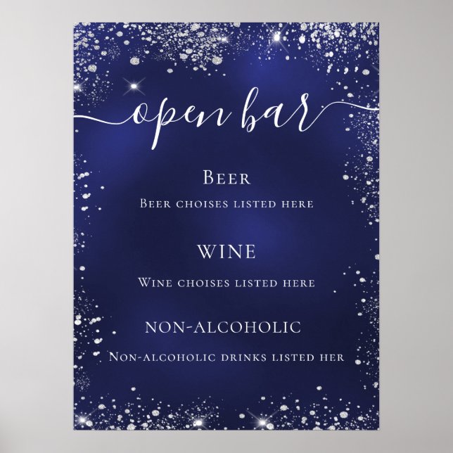 Hochzeitsmenü für Navy-Silber-Glitzer-Bar Poster (Vorne)