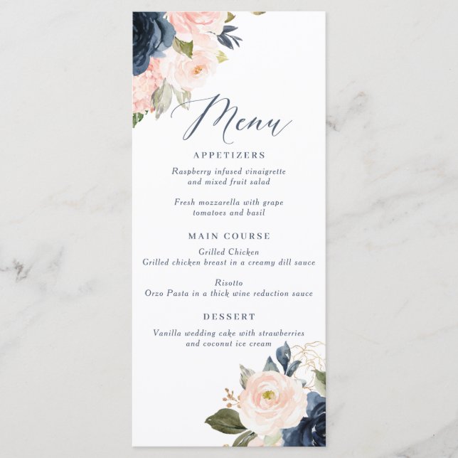 Hochzeitsmenü für Navy und Blush Pink Menükarte (Vorderseite)