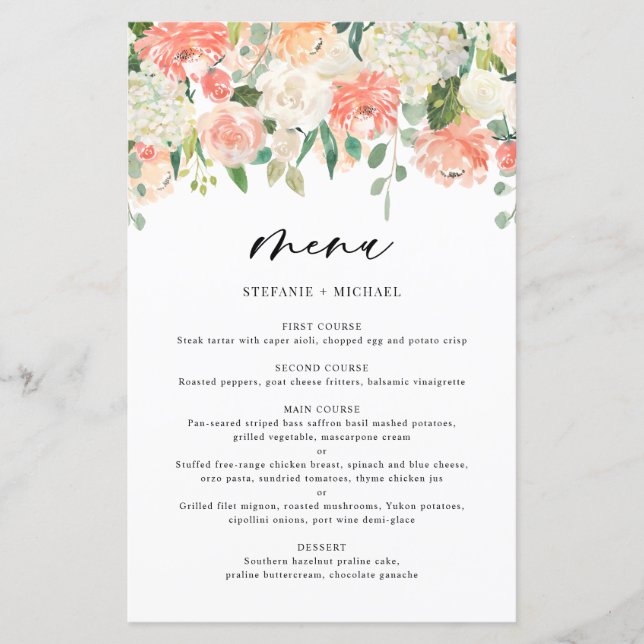 Hochzeitsmenü für Peach und Ivory Watercolor-Blume (Vorderseite)
