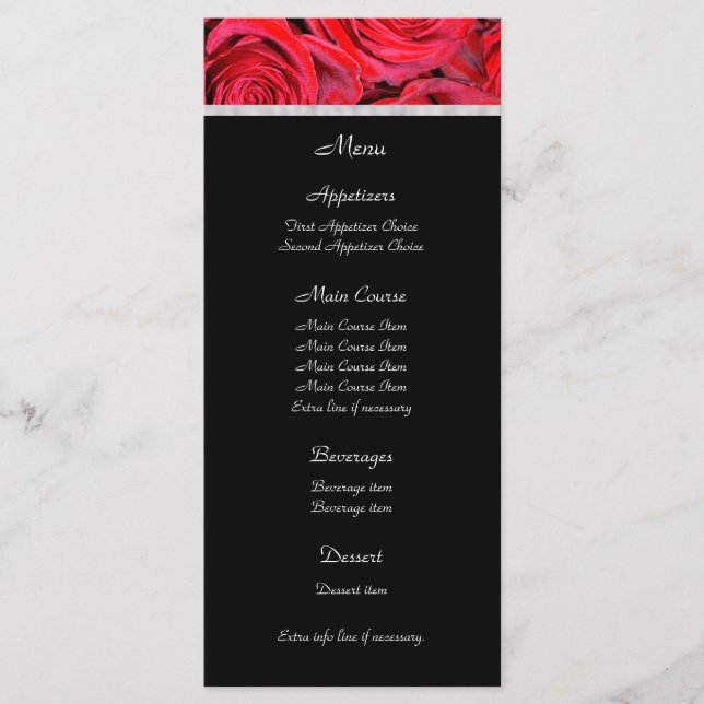 Hochzeitsmenü für Schwarz und Rote Rosen Menükarte (Vorderseite)