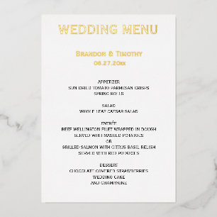 Hochzeitsmenü für Schwule in Weiß und echtem Gold Folieneinladung