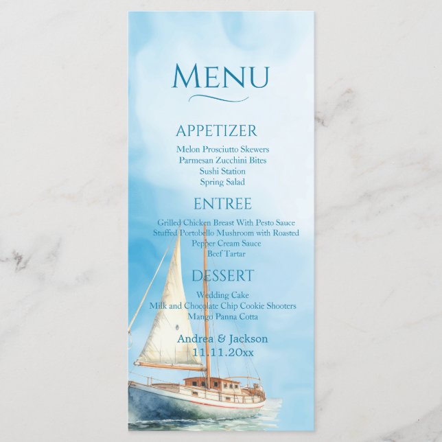 Hochzeitsmenü für Segelboote mit Wasserfarbe Menükarte (Vorderseite)