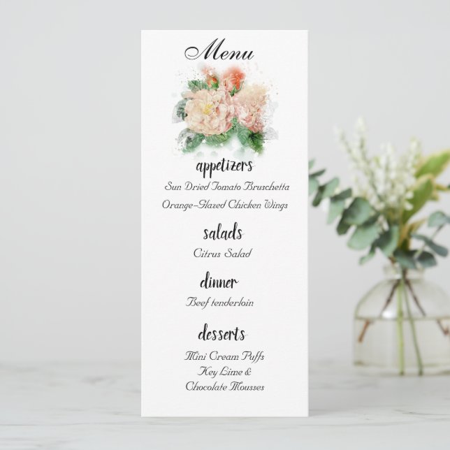 Hochzeitsmenü für Shabby Chic-Rose Menükarte (Stehend Vorderseite)