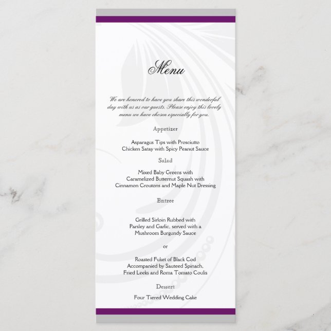 Hochzeitsmenü für Silber und Lila Blumenkohl Menükarte (Vorderseite)