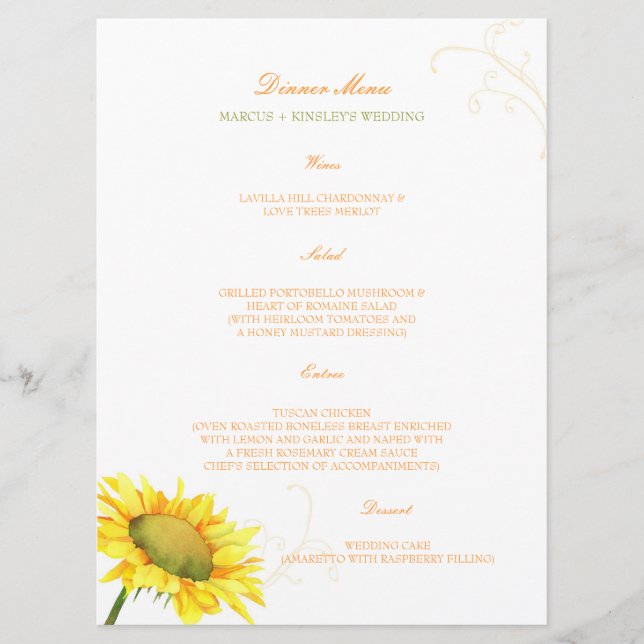 Hochzeitsmenü für Sonnenblumen Menükarte (Vorderseite)