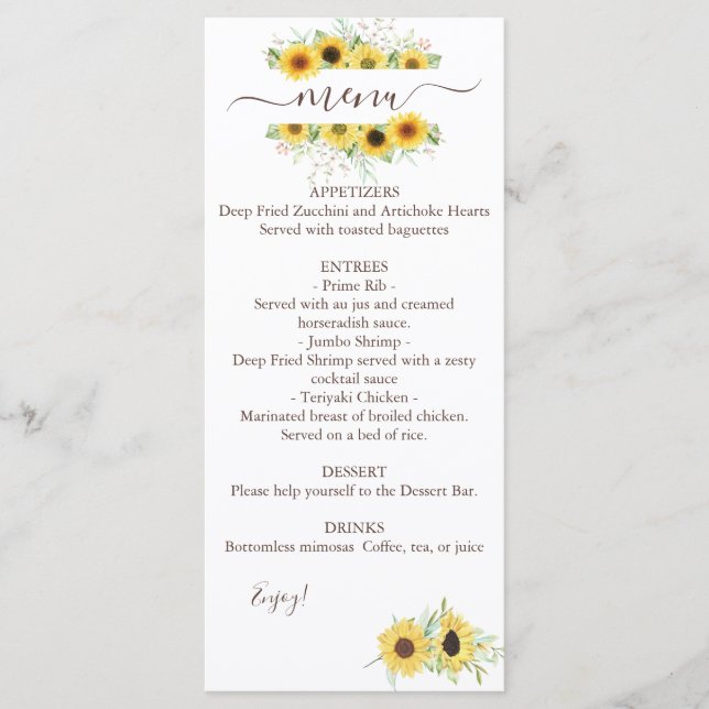 Hochzeitsmenü für Sonnenblumen mit zwei Wasserfarb Menükarte (Vorderseite)