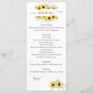 Hochzeitsmenü für Sonnenblumen mit zwei Wasserfarb Menükarte