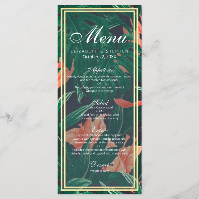 Hochzeitsmenü für tropische Blumen und Goldfolien Menükarte (Vorderseite)