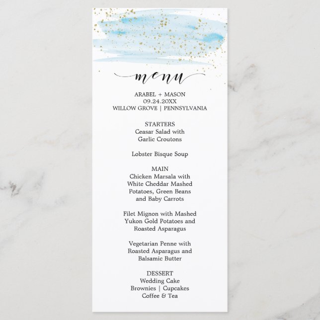 Hochzeitsmenü für Wasserfarben Blau und Gold Menükarte (Vorderseite)