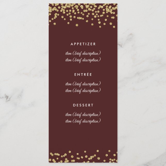 Hochzeitsmenü Gold Imitats Glitzer Confetti Marsal Menükarte (Vorderseite)